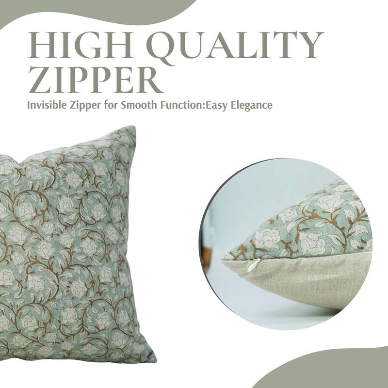 Fabdivine Handmade Block Print light Green Pure Linen Pillow Cover- Amritvela