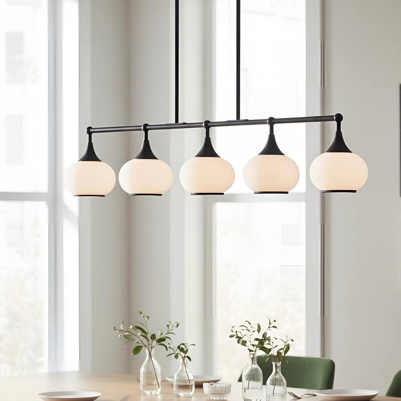 Acroma 5-light Modern Linear Chandelier with Opal Glass Globe Shade Kitchen Island Light