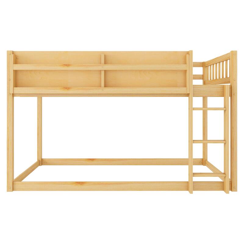 Roomfitters Twin Over Twin Bunk Bed, Low Floor Loft Platform Bed and Shelf with Wooden Frame for Bedroom