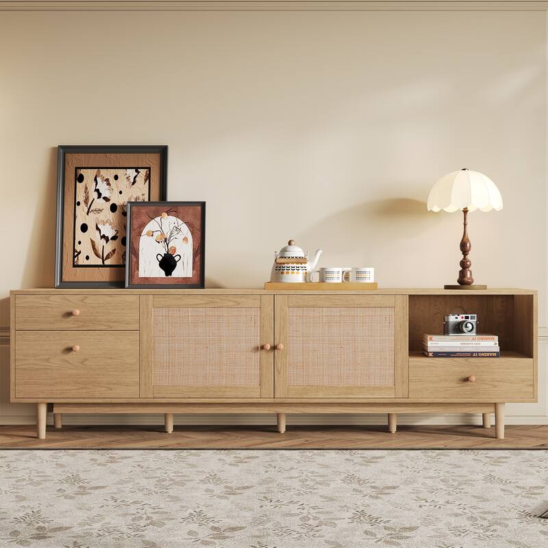 Boho TV Stand for 65-85" TVs, Entertainment Center with Rattan Details, Open Storage & Drawers, Modern Media Console