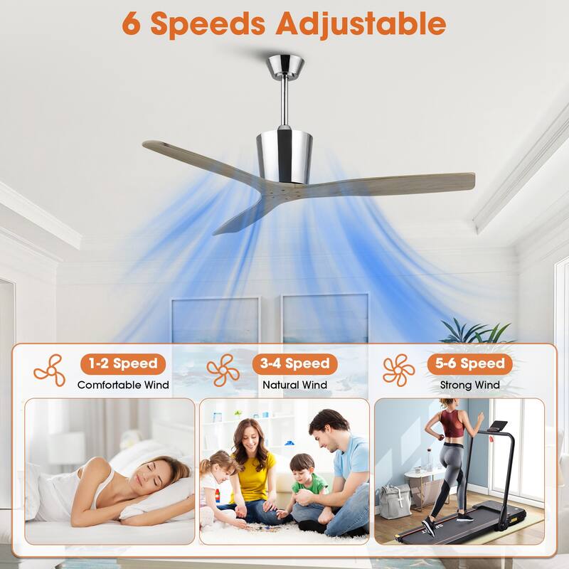 54" Farmhouse Solid Wood 3-Blade DC Reversible Ceiling Fan with Remote, No Light