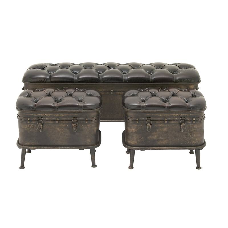 Metal Weathered Storage Bench with Dark Brown Tufted Faux Leather - Set of 3 Bronze - Roche River Decor - 16"W x 48"L x 21"H - Black - Set of 3 - 48", 20", 20"W