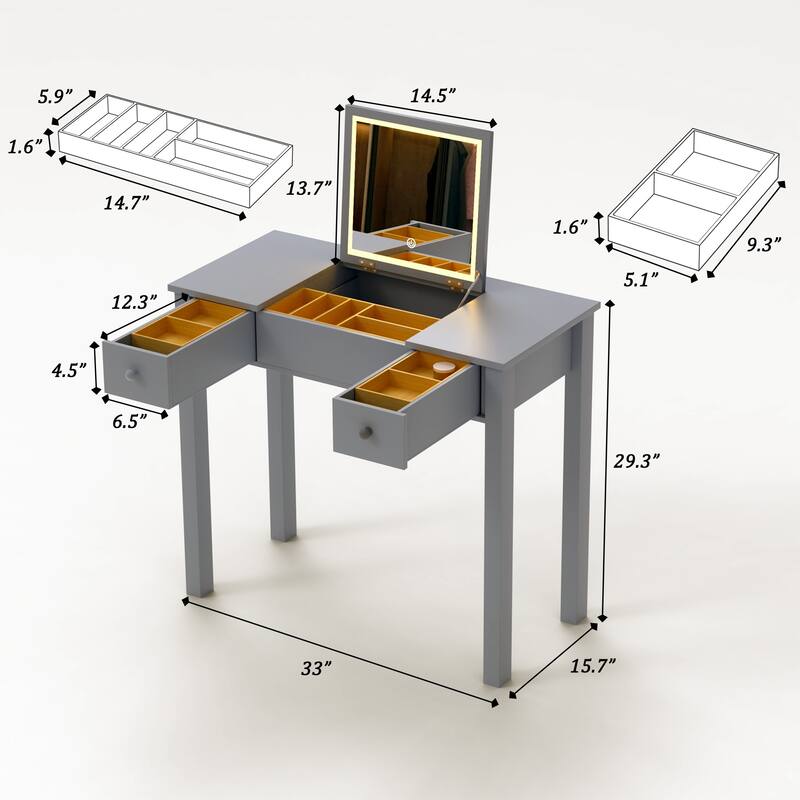 Small Flip Top Makeup Table with LED Lights, Mirror, 2 Drawers