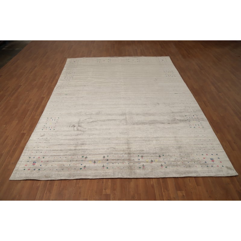 Hand Knotted Oriental Viscose Silk Carpet Tribal Animal Pictorial Beige & Ivories Gabbeh Area Rug - 12' 1'' X 9' 0''