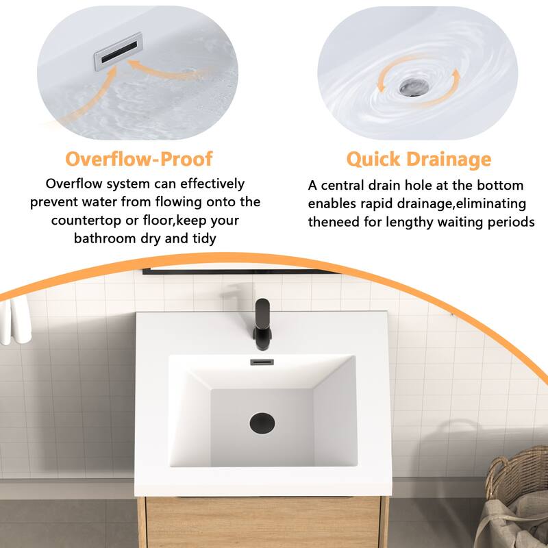 Integrated Resin Bathroom Sink, Modern Square Basin with Overflow, Seamless One-Piece Design - 24"