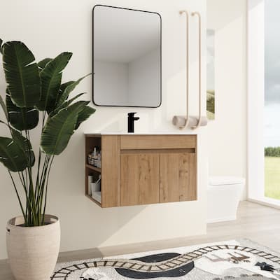 Malwee 30" Floating Bathroom Vanity, Wall Mounted Bathroom Vanity with Ceramic Sink,Soft Close Doors and Side Adjustable Shelf