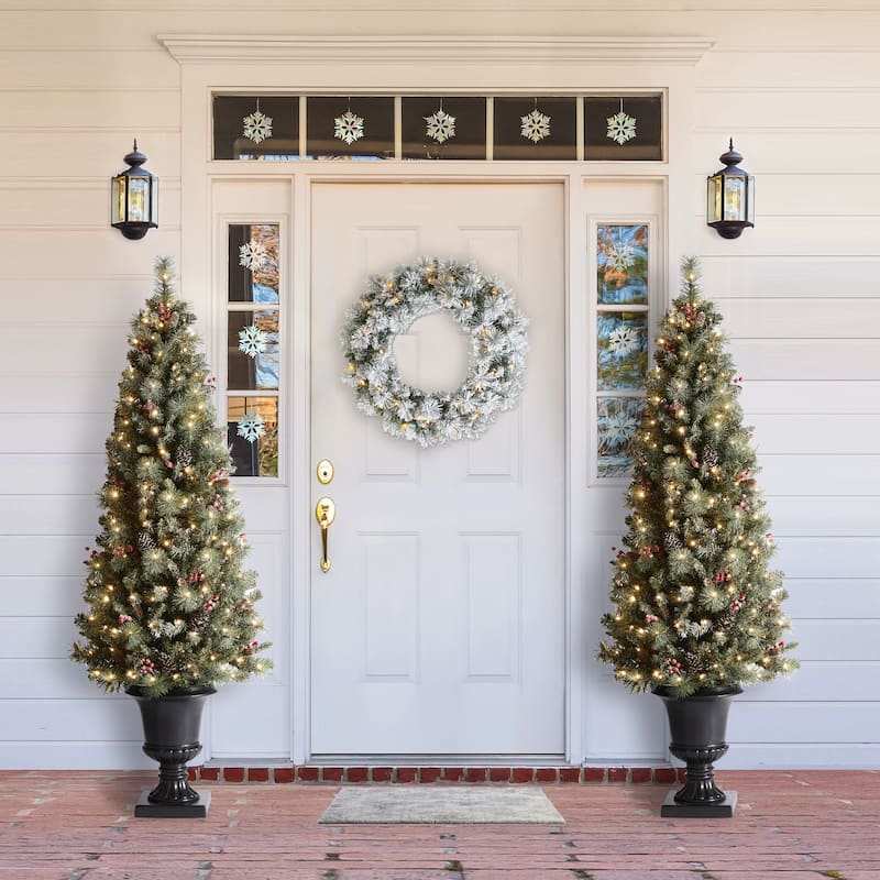 Glitzhome 4/5/6FT Pre-lit Artificial Flocked Pine Potted Christmas Tree for Entryway