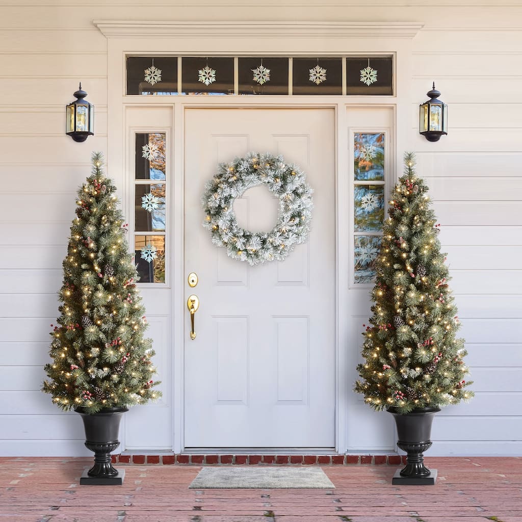Glitzhome 4/5/6FT Pre-lit Artificial Flocked Pine Potted Christmas Tree for Entryway