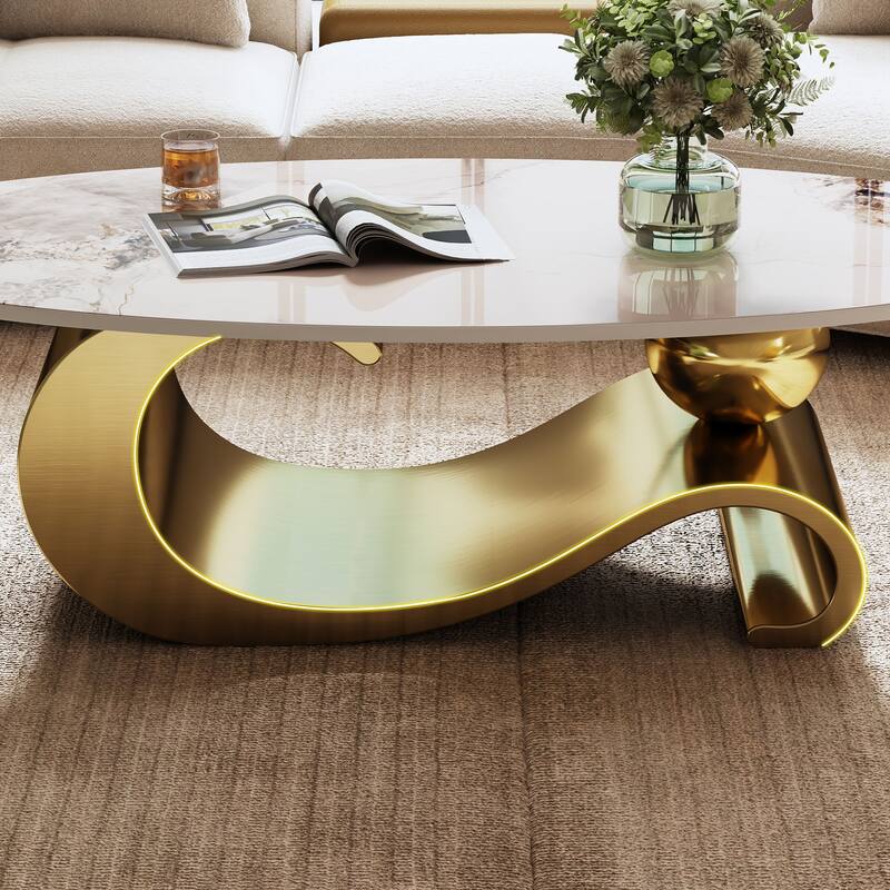 49.2 Inch Imitation Marble Oval Coffee Table Modern Center Table with Stainless Steel Base, for Living Room