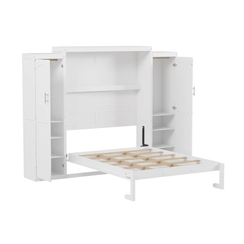 Convertible Full Size Wall Bed with Dual Wardrobes and Shelving, Foldable Platform Frame with Storage for Guest Room or Bedroom