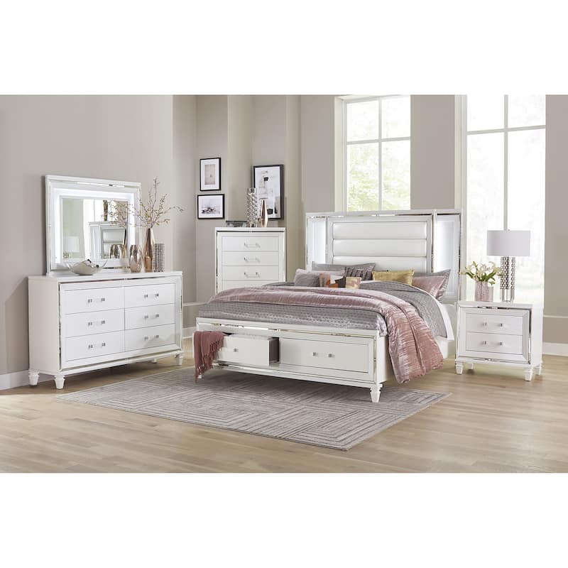 White Bedroom Furniture Set Platform LED Bed with Storage