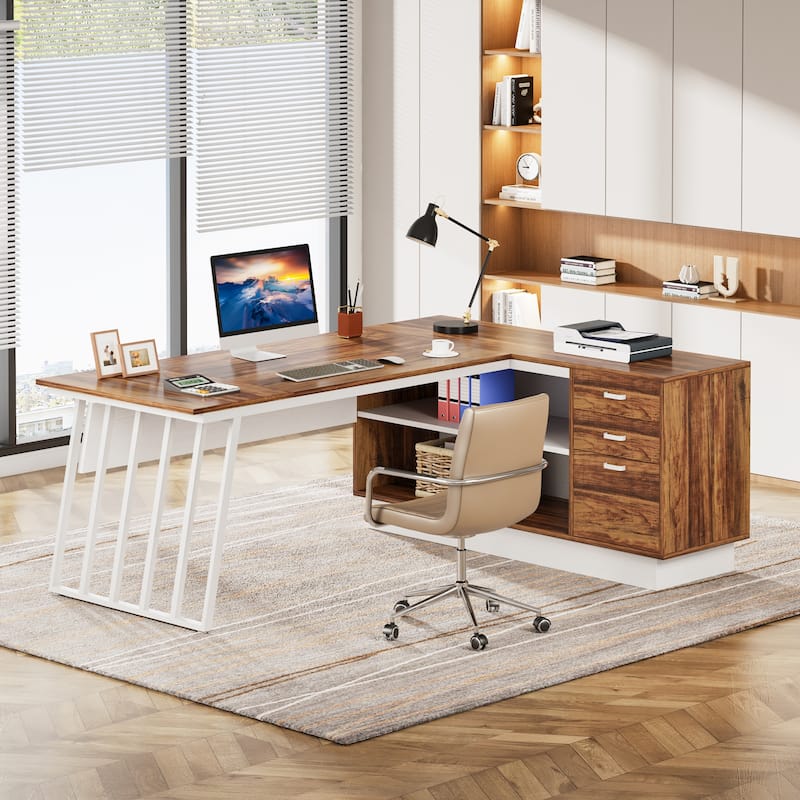 71 Inch Modern Executive Desk, L-Shaped Desk with Cabinet,Brown and White