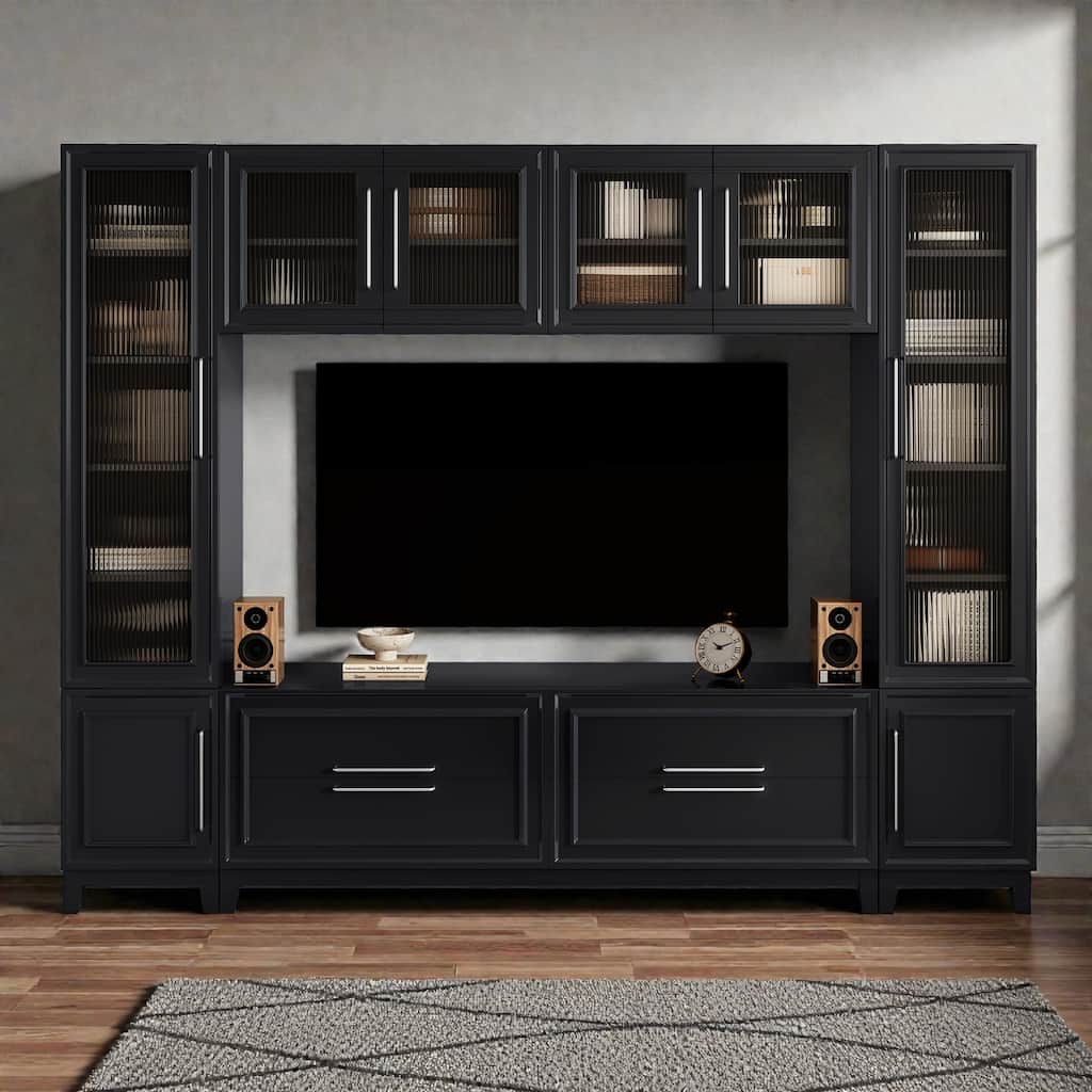 102" Modern Wall Entertainment Center with Fluted Glass Doors, Large TV Stand Media Console for TVs up to 75"