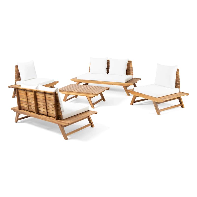 Sedona Outdoor 6 Seater Acacia Wood Chat Set by Christopher Knight Home - Teak Finish + White Cushion