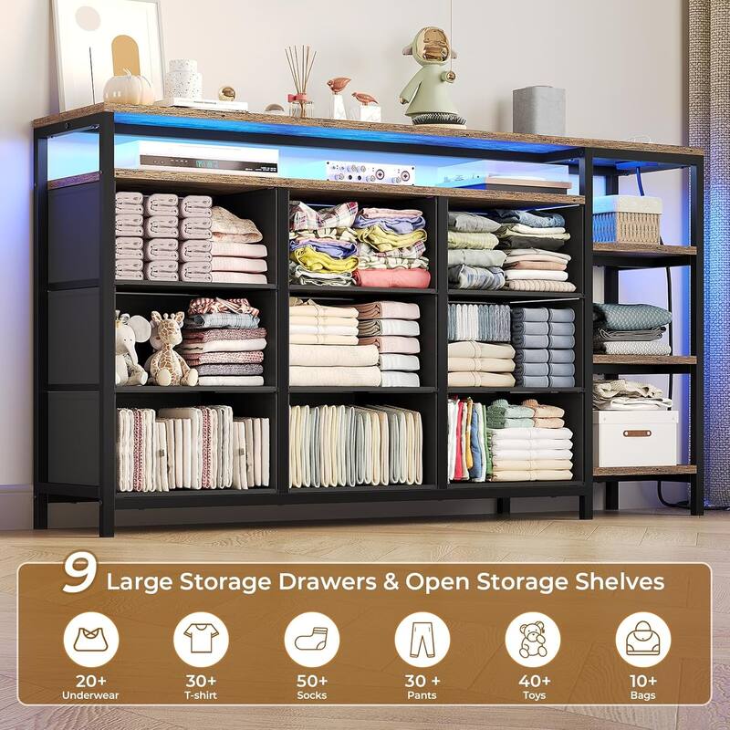 TV Stand Dresser for Bedroom LED Lights Charging Station Fabric Drawers