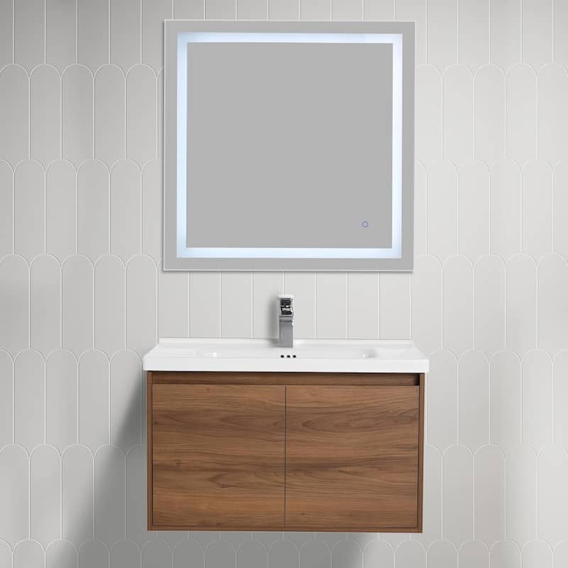 Blossom 32" Floating Bathroom Vanity with Ceramic Sink & Storage - Brown Walnut