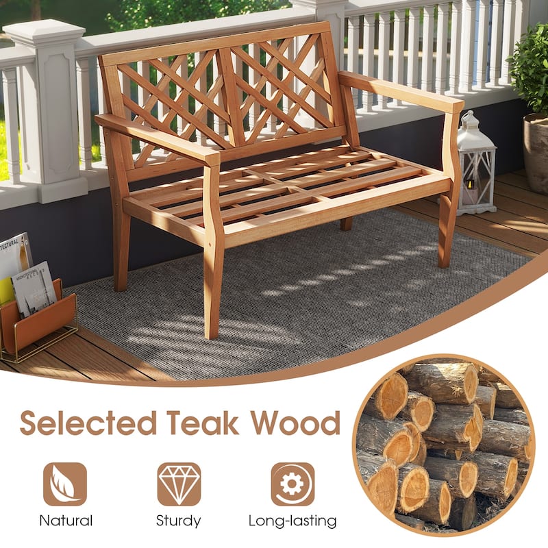 2-Person Patio Bench in Natural Teak Wood Outdoor Garden Seating with Backrest and Arm Support - 52” L x 27.5” W x 33” H