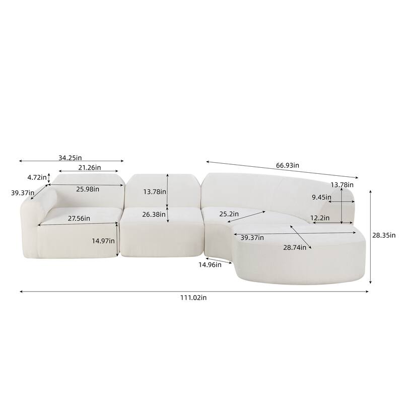 111" Modern Curved Sectional Sofa with Ottoman, Fully Assembled Foam Sofa, Deep Seat 3-Piece Set