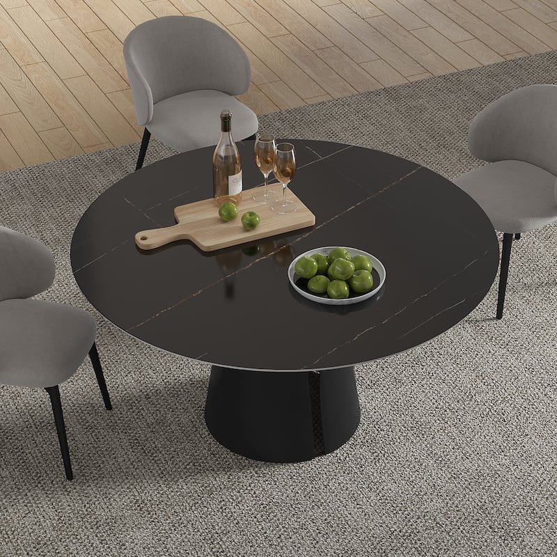 Modern Stone Table Top Carbon Steel Black Pedestal Base Dining Table