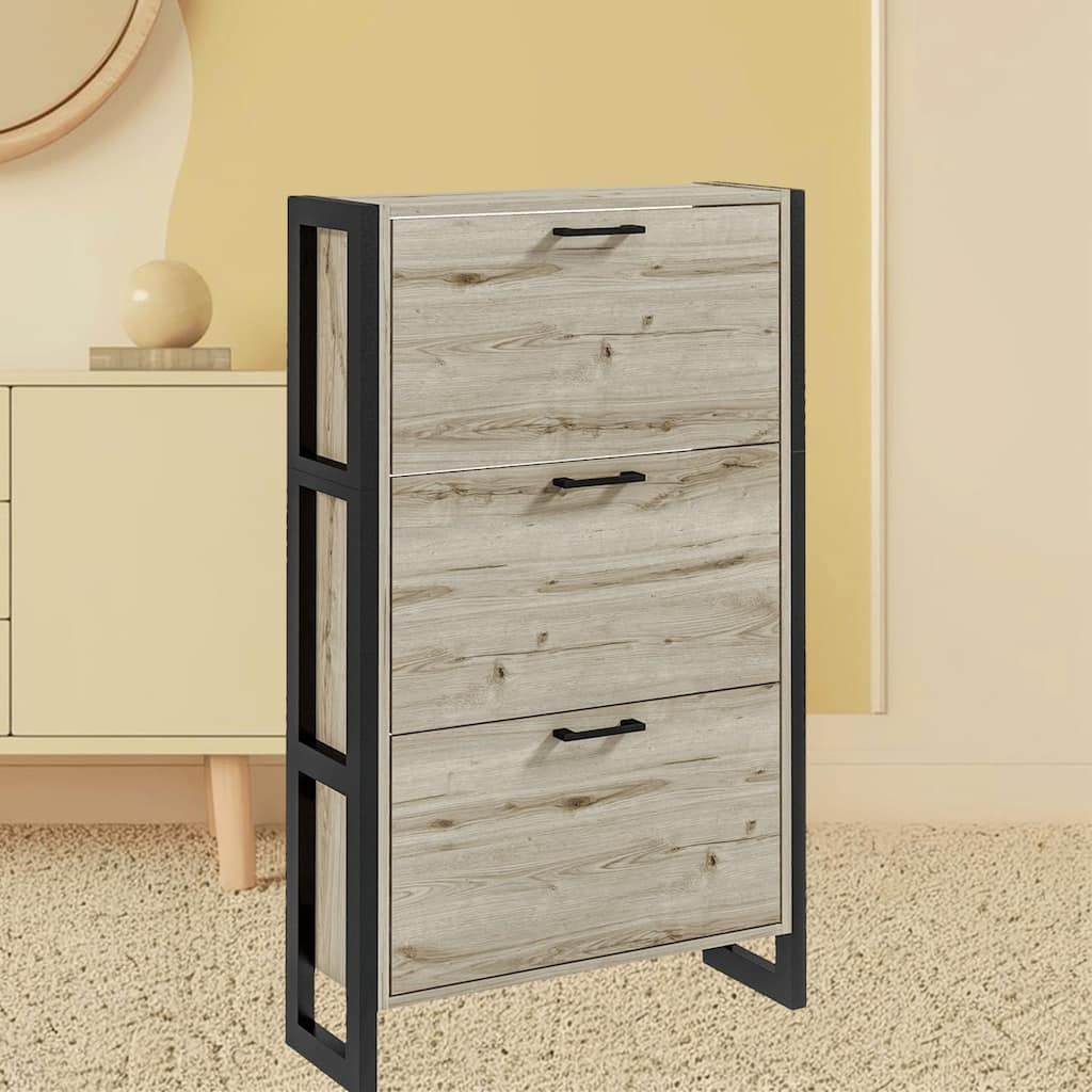 Industrial Shoe Storage with 3 Flip Drawers, Narrow Design for 15 Pairs, Stylish and Space-Saving Shoe Rack for Entryway