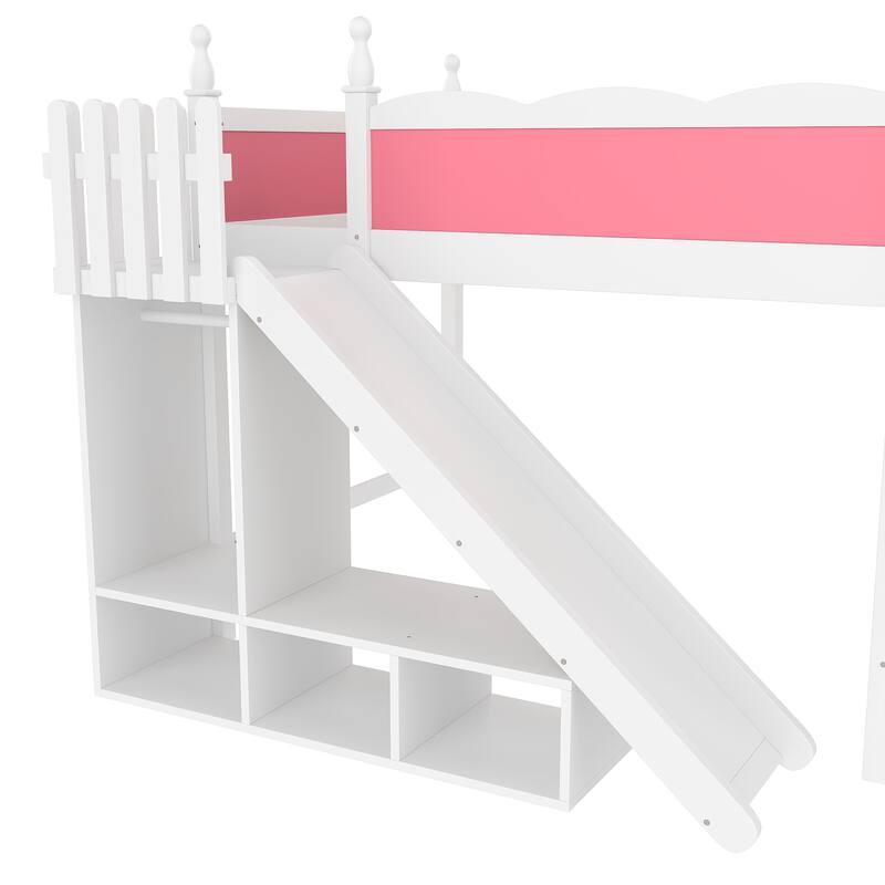 Full Loft Bed with Storage Shelves and Wardrobe, Solid Wood Loft Beds with Detachable Slide and Ladders, No Spring Box Needed