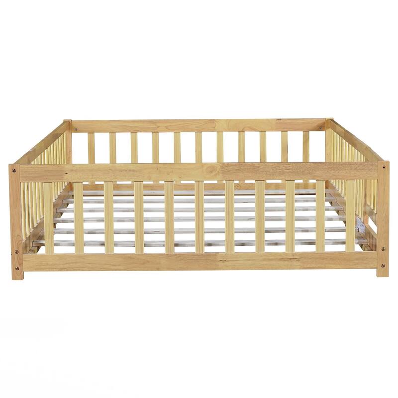 Full Size Floor Bed with Fence and Door,Rubber Wood Floor Bed with Safety Guardrails