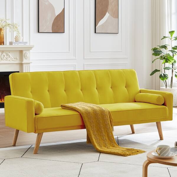 2 Seat Yellow Loveseats Convertible Sleeper Sofa Bed, Adjustable Back