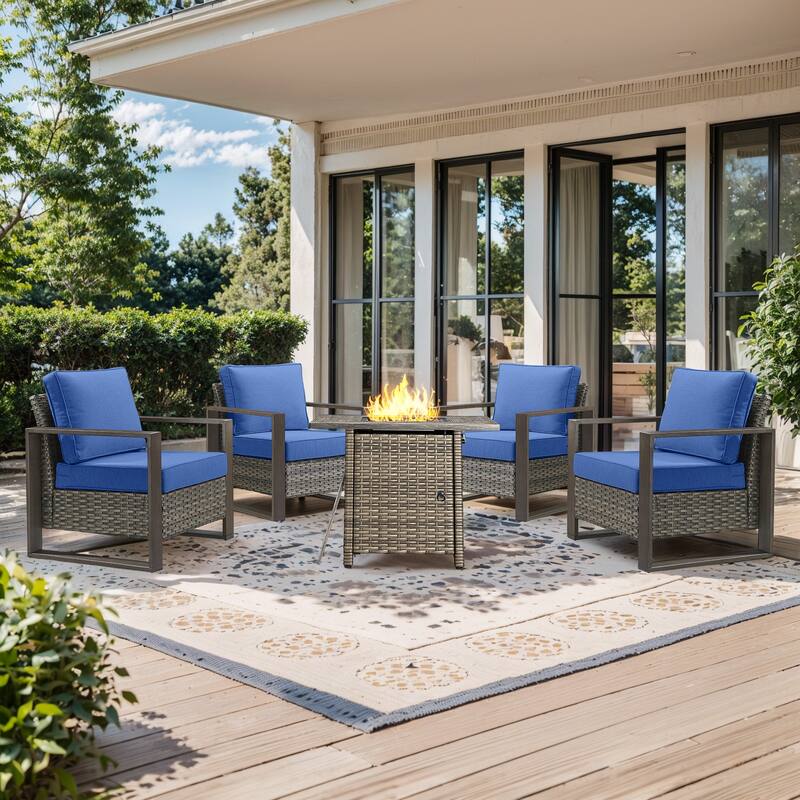 Pocassy 5-Piece Outdoor Patio Chair with Fire Pit Table Set - Blue cushion - Gray Wicker