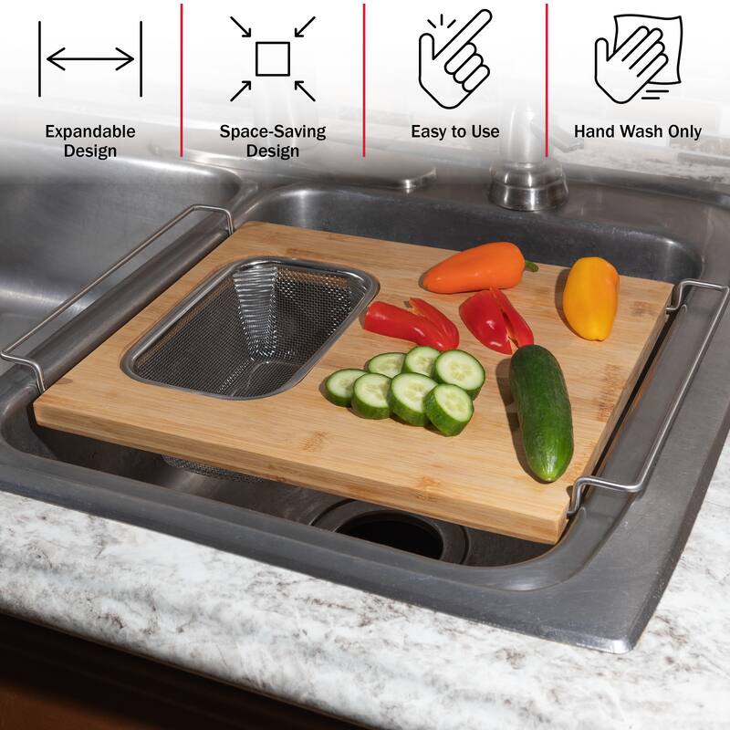 Cutting Board with Strainer - 2 in 1 Adjustable Bamboo Chopping Board with Removable Stainless Steel Colander by Classic Cuisine