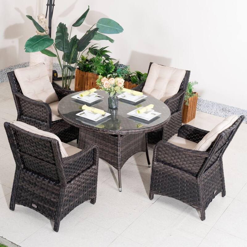 5-piece Outdoor Dining Set - PE Wicker Chairs & Tempered Glass Table - +Round Table