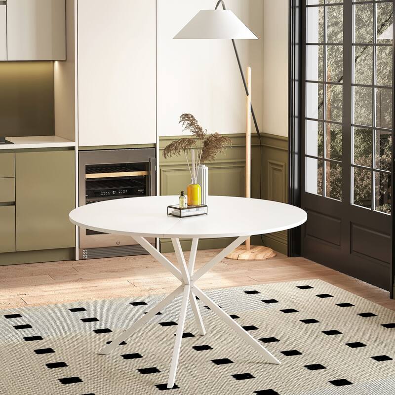 Modern Cross Leg Round Dining Table, Stylish Kitchen & Dining Room Table,Two Piece Removable Top, Matte Finish Iron Legs - White-1