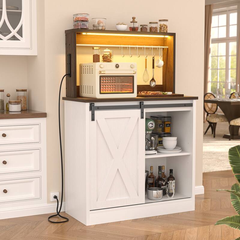 Farmhouse Wine Bar Cabinet with Barn Door & Charging Station,Sturdy Buffet Coffee Bar Cabinet with LED Lights & Hutch