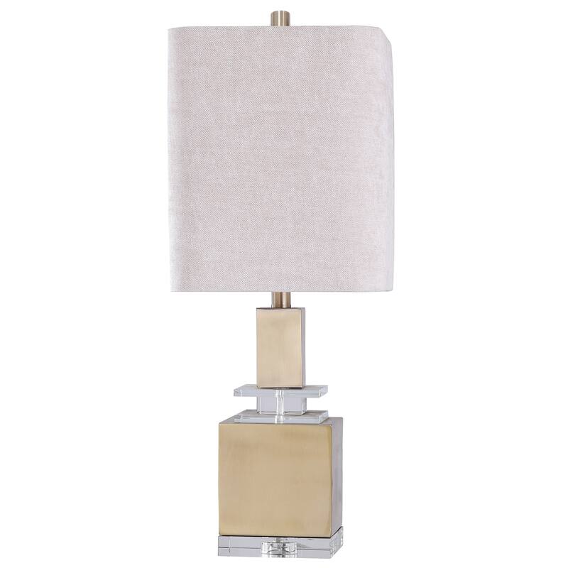 Harp & Finial Ronda Brass Table Lamp with Cream Linen Shade - Brass