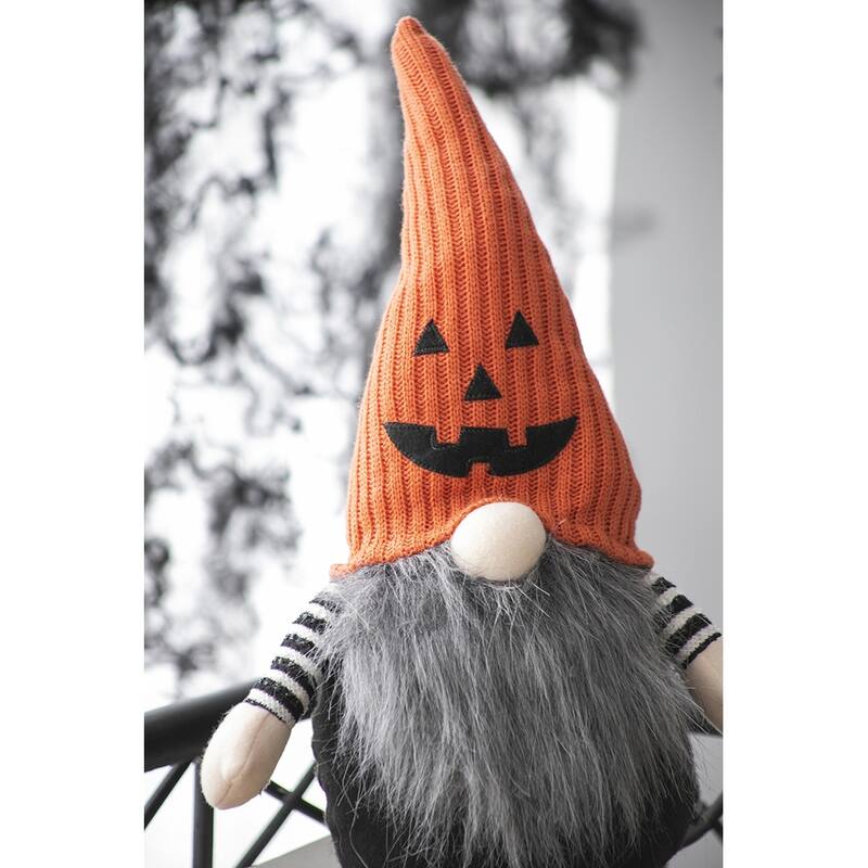 8.3x4.7x23.5" Fabric Sitting Gnome with Orange Knit Hat, for Halloween Decor