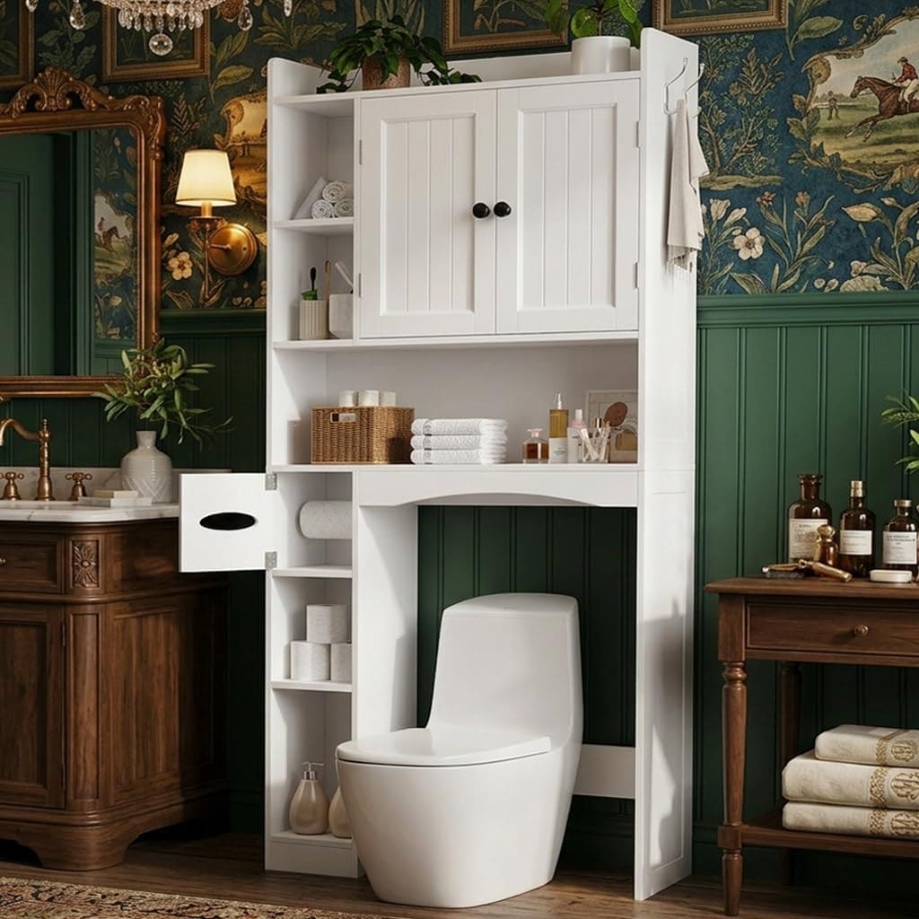 66''H Over The Toilet Storage Cabinet, Bathroom Storage Organizerwith 2 Doors, Paper Holder and Racks, Adjustable Shelf