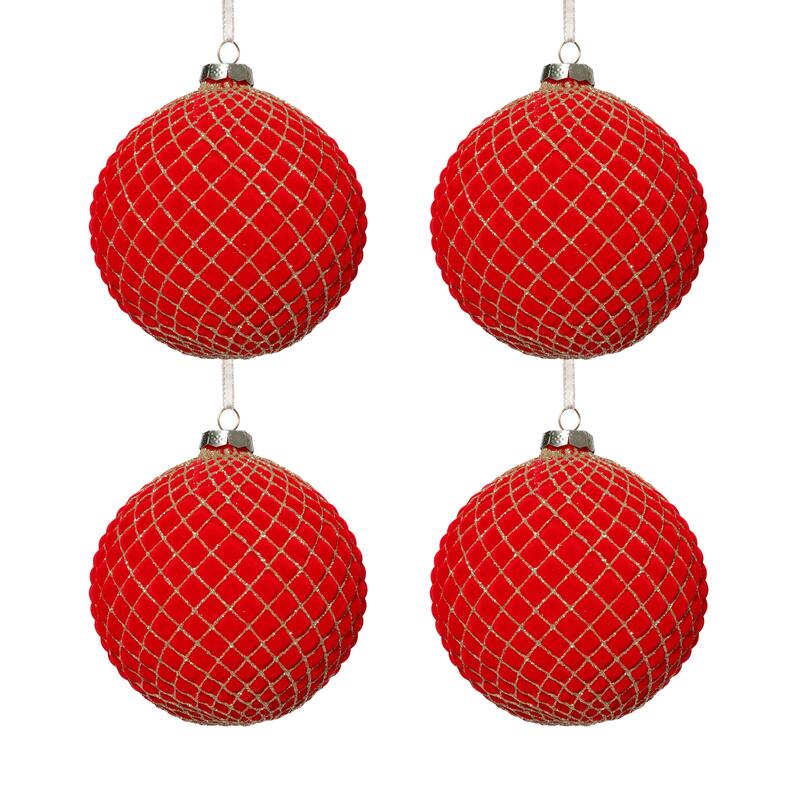 4-Piece Set Flocked 4.75" Glass Ball Christmas Ornaments with Gold Accents