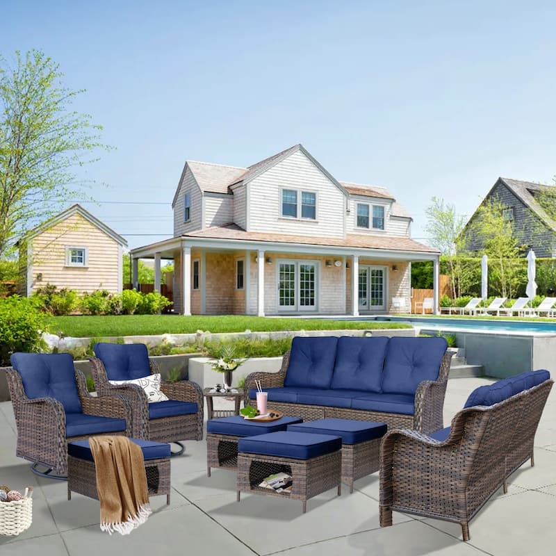 9 Piece Outdoor Wicker Patio Conversation Swivel Chairs Furniture Sets