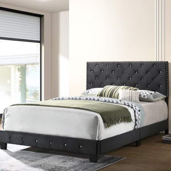 Full Size Transitional Upholstered Velvet Bed Black Finish Bed Bath
