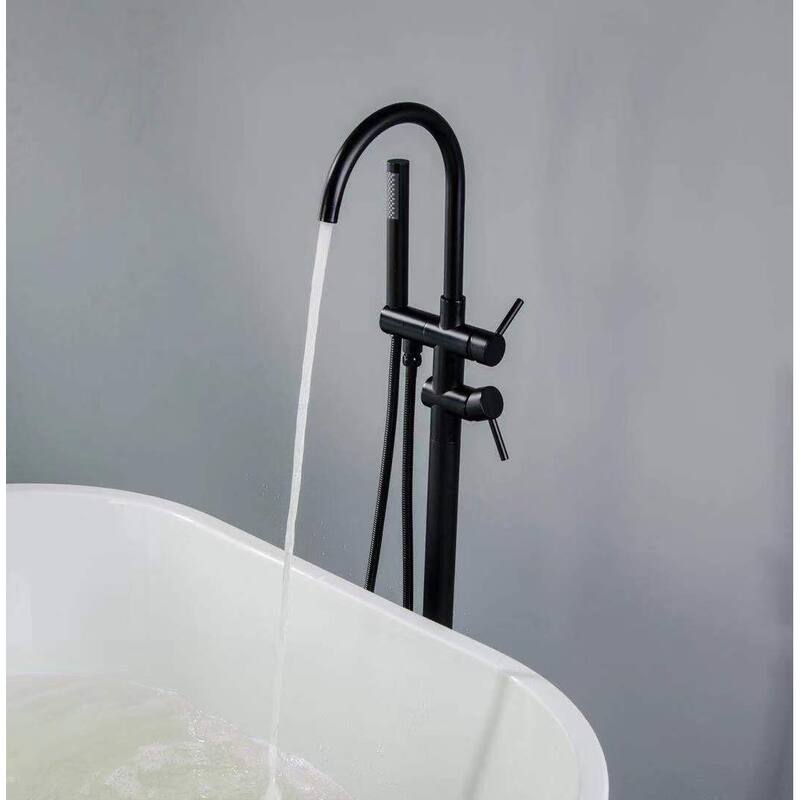 Modern 2-Handle Floor Mounted Freestanding Tub Filler with Handheld Showerhead in Black and Silver