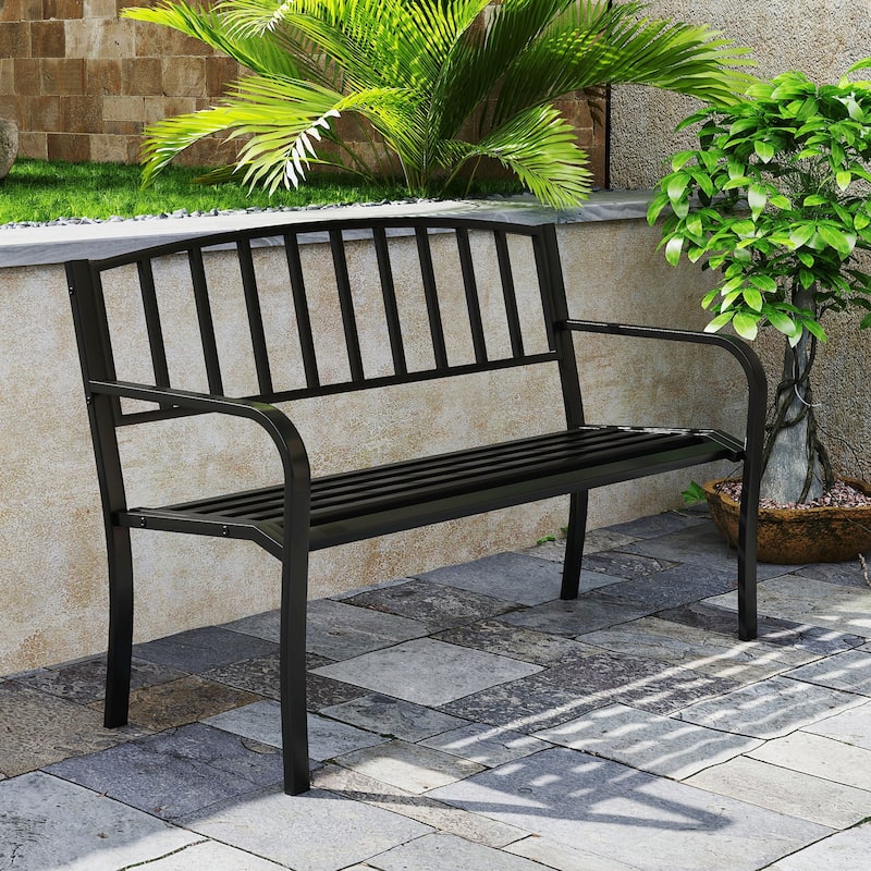 Black Metal Outdoor Garden Bench with Slatted Backrest and Curved Armrests - 50" L × 23" W × 33.5" H