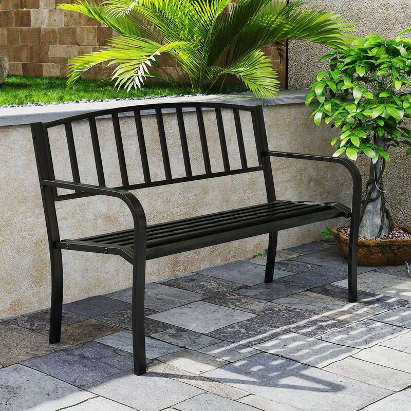 Gymax 50 Inches Garden Bench w/ Slatted Backrest & Curved Armrests for