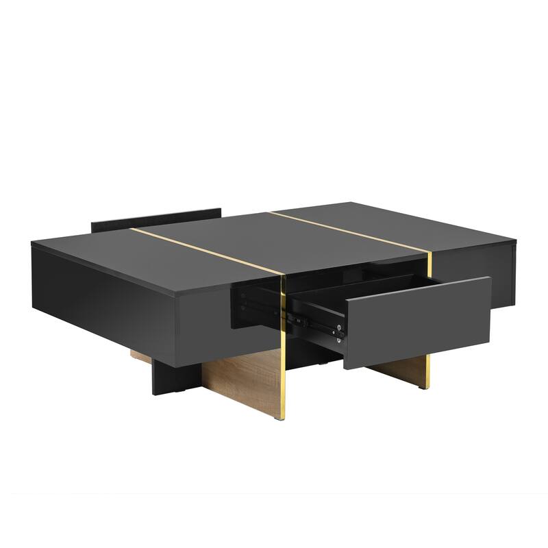 47.2" High Glossy Coffee Table with 2 Drawers and Golden Wood Grain Legs