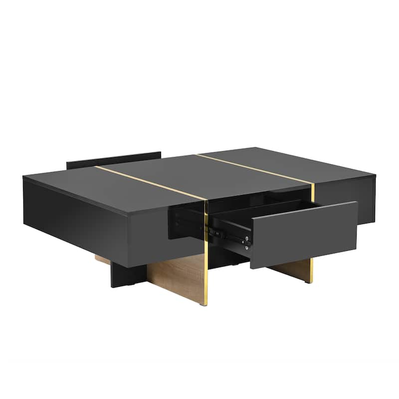 Roomfitters Modern High Gloss Coffee Table with Golden Wood Grain Legs, Rectangle Center Table with Storage