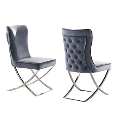 Waden Side Dining Chair Set of 2, Chrome Metal, Gray Button Tufted Velvet