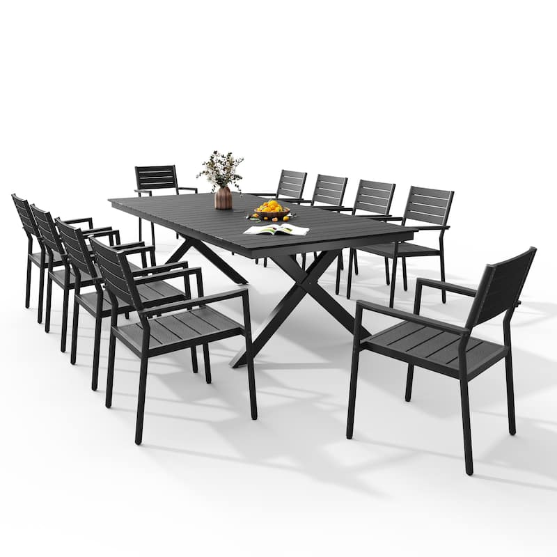 11PC Outdoor Patio Aluminum X-Frame Dining Set Table with Stackable Chairs Umbrella Hole - Table-Black&Chair-Black