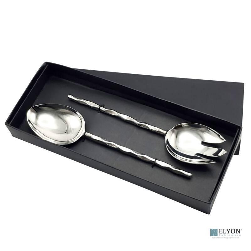 Elyon Diamond Reflective Silver Salad Serving Set Indian Artisan-Made Hostess Set Hand-Forged Stainless Steel 2 Pieces