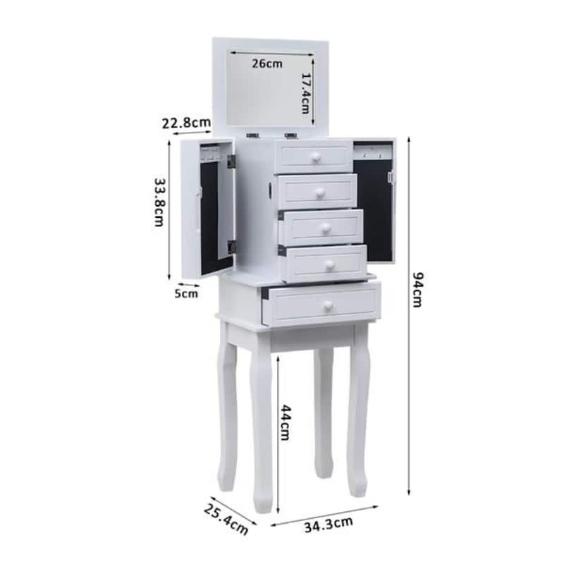 Standing Jewelry Armoire with Mirror, 5 Drawers & 14 Necklace Hooks, Jewelry Cabinet Chest with Removable Ring Storage Slot and