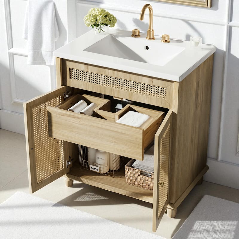 30" Bathroom Vanity with Resin Sink Handwoven Rattan Doors Soft Close Hinges Solid Wood Base