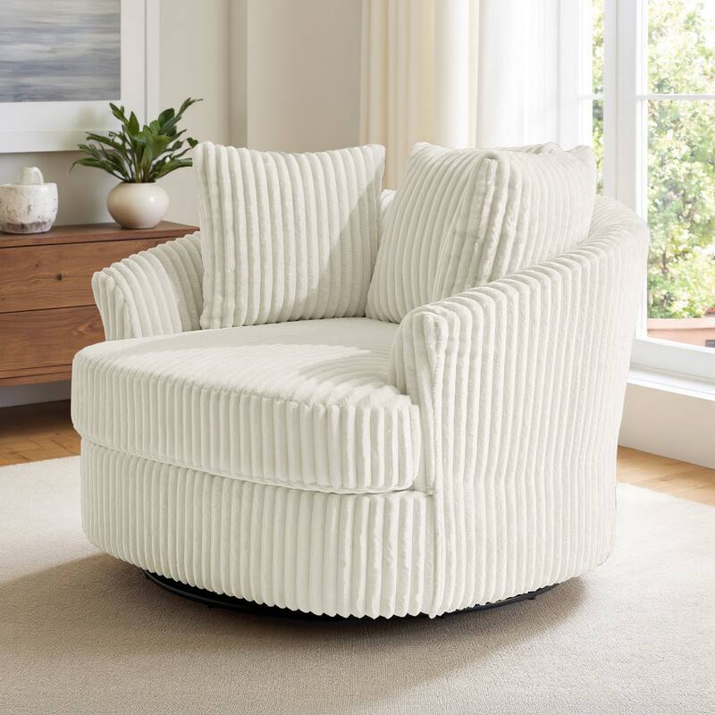 Recessed Arm Slipcovered Swivel Barrel Chair with Pillows