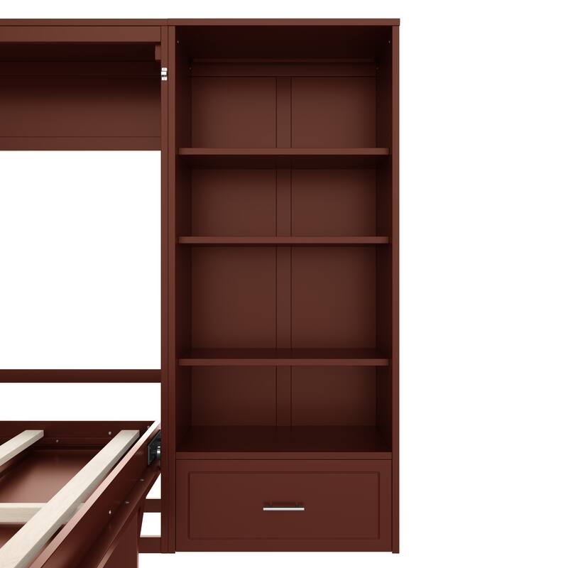 Murphy Bed Foldable Platform Bed Frame Queen Size Wall Bed with Drawer and Storage Cabinet Adjustable Height Compartments Shelf